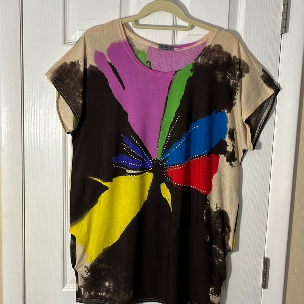 GRAND art to wear colorburst oversize tunic top sequins pull over sleeveless OS